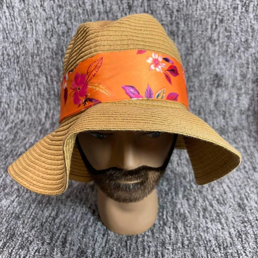 Steve Madden Straw Sun Hat Orange Floral Scarf Tie Wide Brim Floppy Beach Resort